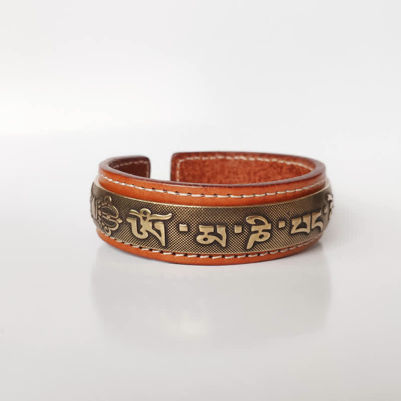 2Pcs Om Mani Padme Hum Dragon Phoenix Copper Leather Peace Cuff Bracelet Bangle