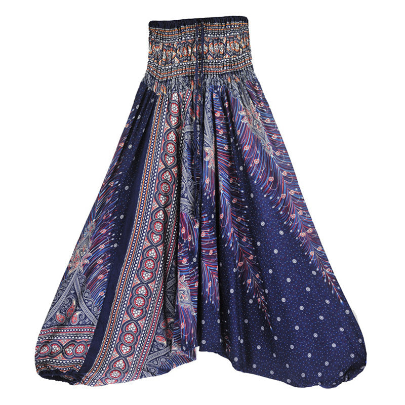 Two Style Wear Feathers Geometric Pattern Loose Smocked Trousers Jumpsuit Women's Yoga Pants