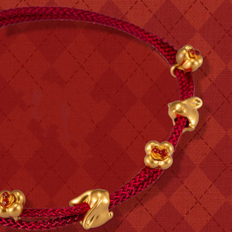 999 Gold Small Lucky Rabbit Osmanthus Design Handmade Luck Braided Rope Bracelet