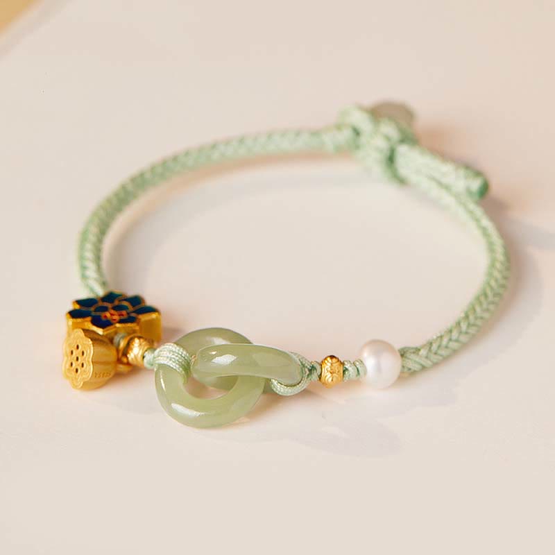 Hetian Jade Lotus Peace Buckle Braided Rope Fortune Bracelet