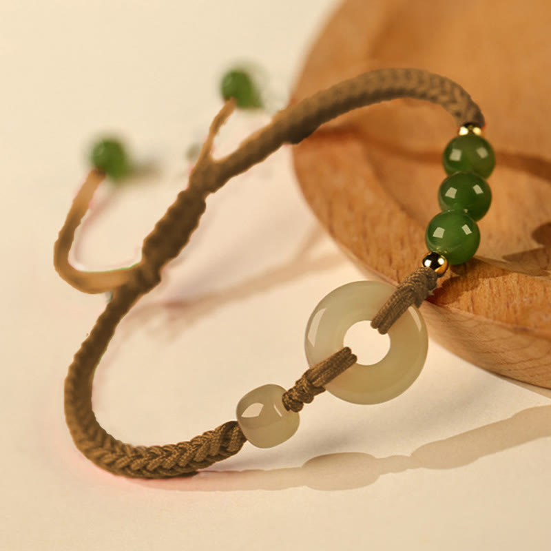 Natural Hetian Jade Peace Buckle Red String Protection Luck Bracelet