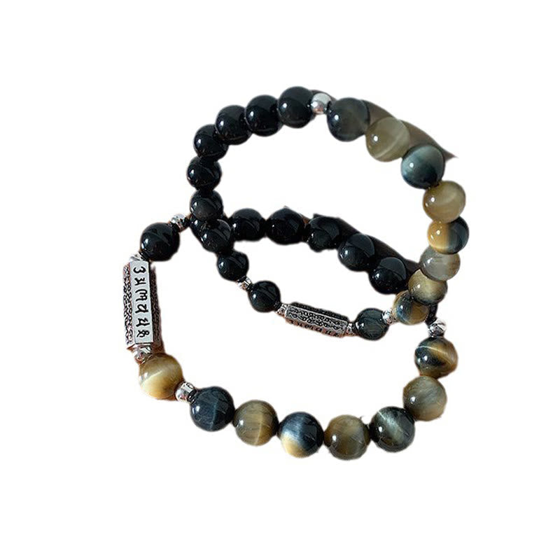 Natural Black Obsidian Tiger's Eye Six True Words 'om Mani Padme Hum' Strength Love Bracelet