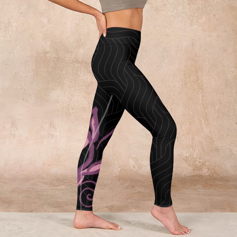 Black Pink Lotus Flower Print Gym Leggings Women's Yoga Pants