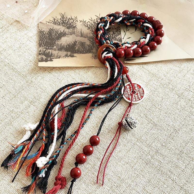 Tibetan Mountain Ghosts Spend Money Cinnabar Double-Layer Red Rope Tassel Protection Bracelet