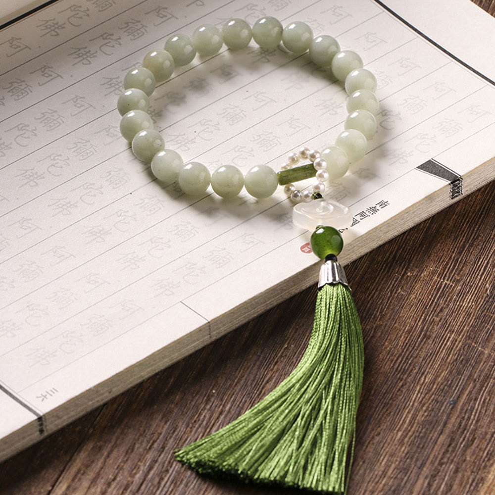 Green Jade Beads Pearl Prosperity Tassels Wrist Mala
