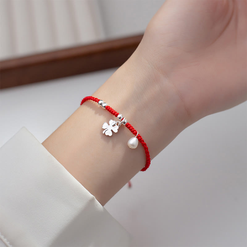 Retro 925 Sterling Silver Four Leaf Clover Pearl Luck Red String Bracelet