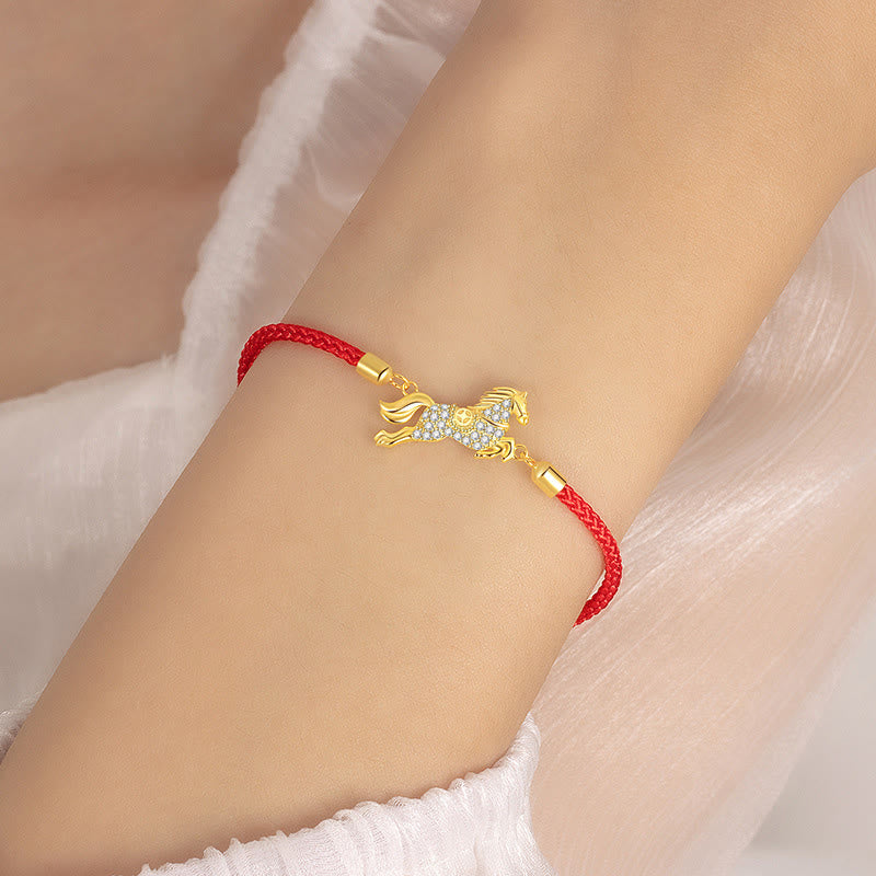 Chinese Zodiac Year Of The Horse 925 Sterling Silver Golden Red String Luck Bracelet