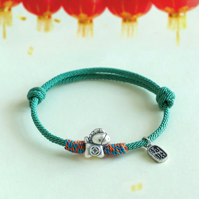 999 Sterling Silver Year Of The Horse Fu Character Attract Fortune String Rope Luck Bracelet