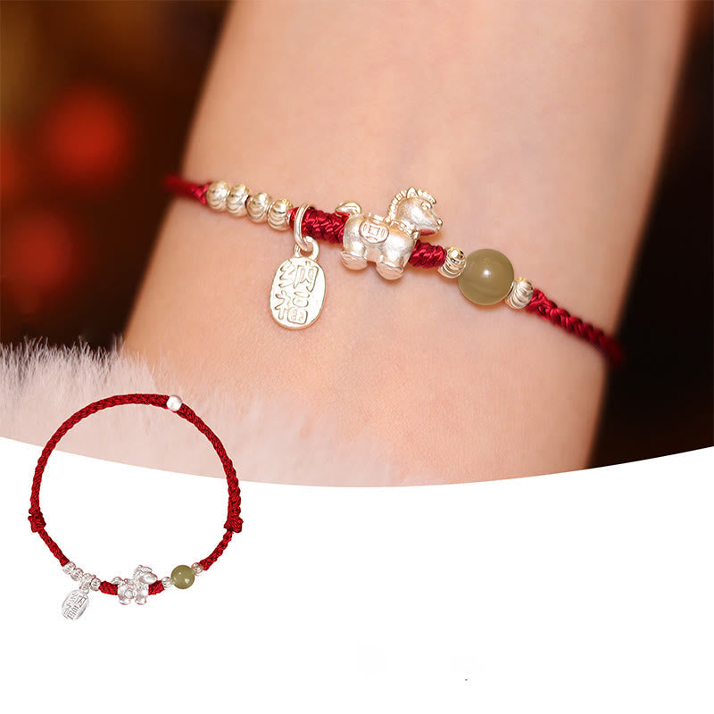 Year Of The Horse Cinnabar Hetian Jade 999 Sterling Silver Red String Concentration Bracelet
