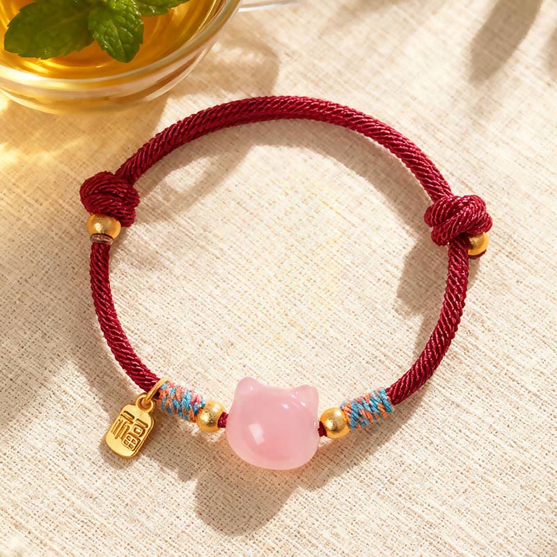 Cat Fu Character Silver Sheen Obsidian Pink Crystal String Protection Bracelet