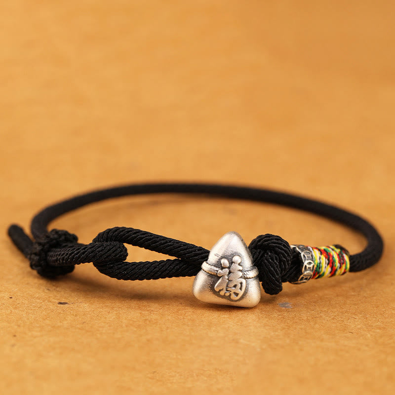 999 Sterling Silver Fu Character Zongzi Fortune Luck Rope Bracelet