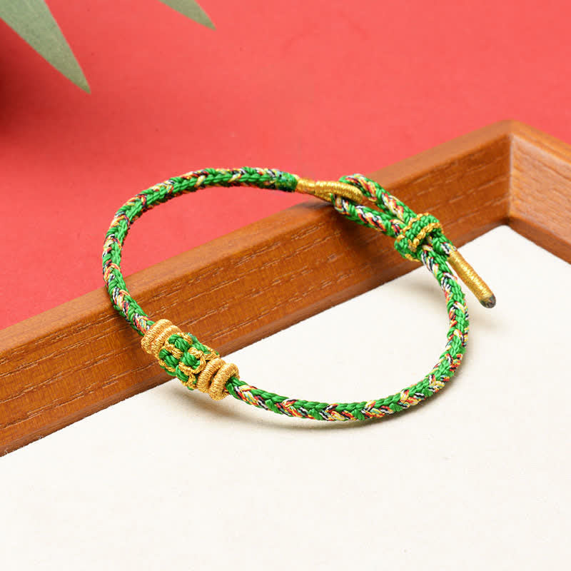 Five Color Hand Woven Green String Green Ingots And Plum Blossom Amulets Protection Adjustable Bracelet