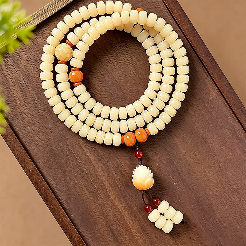 Bodhi Root Lotus Pendant Purity 108 Bead Hand Polished Round Mala