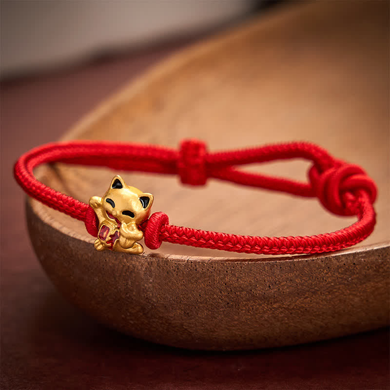 Handmade Braided Red String Golden Lucky Cat Fortune Adjustable Bracelet