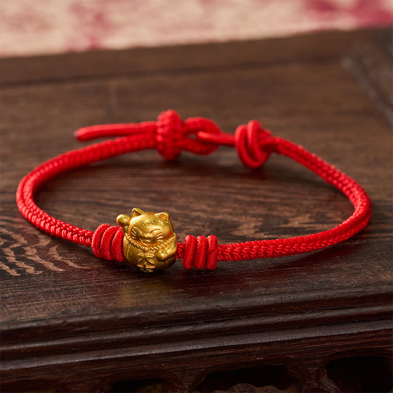 Hand-Woven Red String Copper Lucky Cat Blessing Adjustable Bracelet