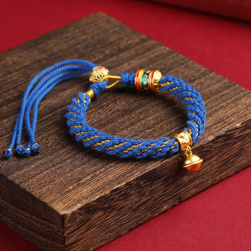 Hand-Woven Tibetan Om Mani Padme Hum Wisdom Bell Charm Multicolor Rope Bracelet