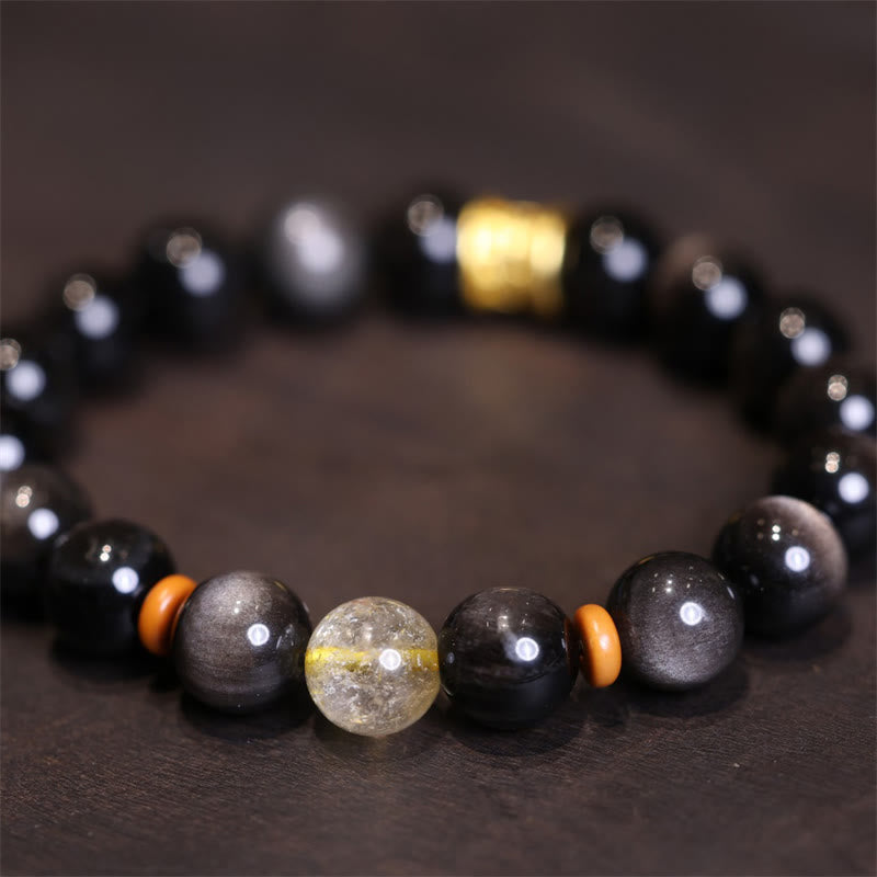 Natural Silver Sheen Obsidian Crystal Om Mani Padme Hum Bead Protection Bracelet