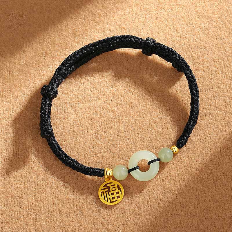 925 Sterling Silver Hetian Jade Peace Buckle Fu Character Charm Abundance Bracelet