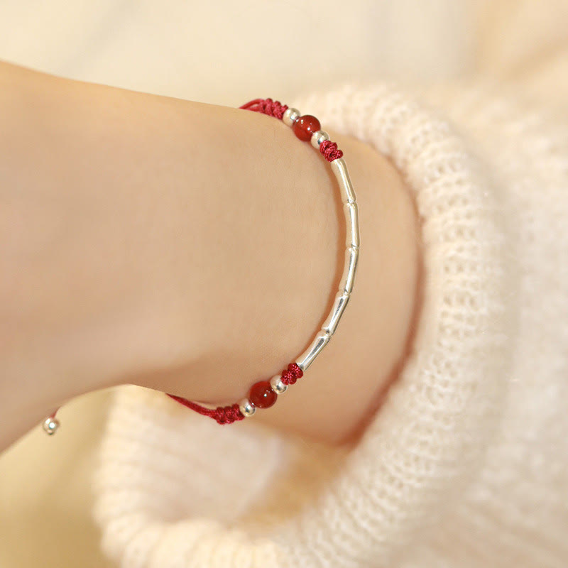 925 Sterling Silver Bamboo White Agate Red Agate Bead Protection String Braided Bracelet