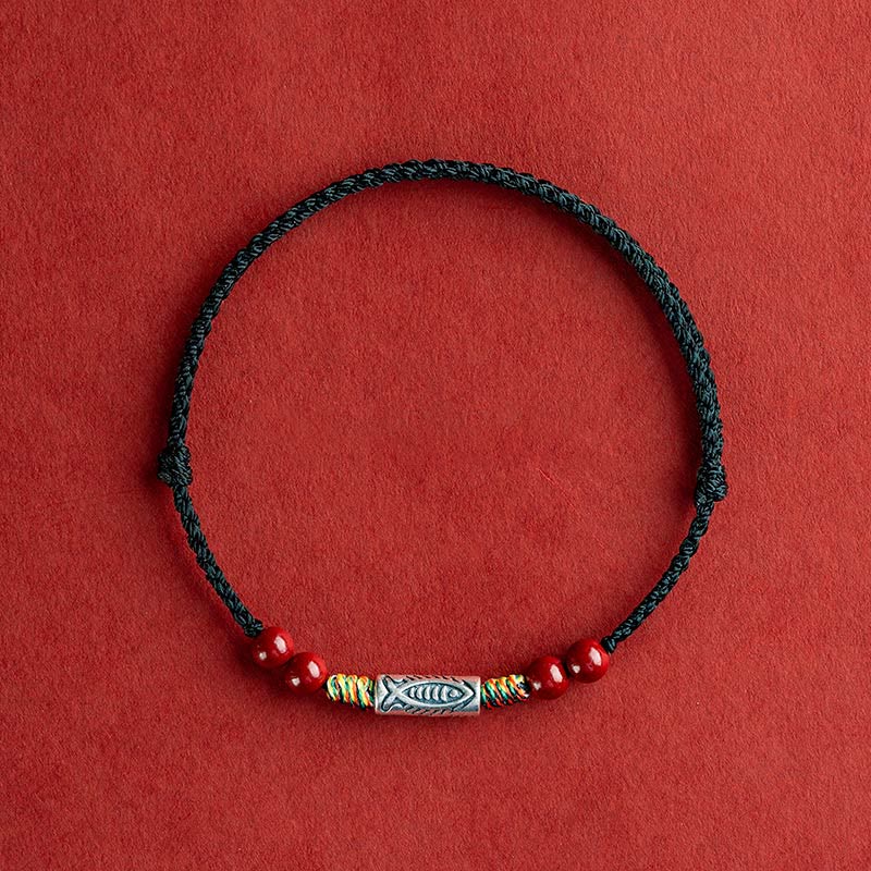 925 Sterling Silver Koi Fish Cinnabar Bead Wealth Handcrafted Braided Bracelet Anklet