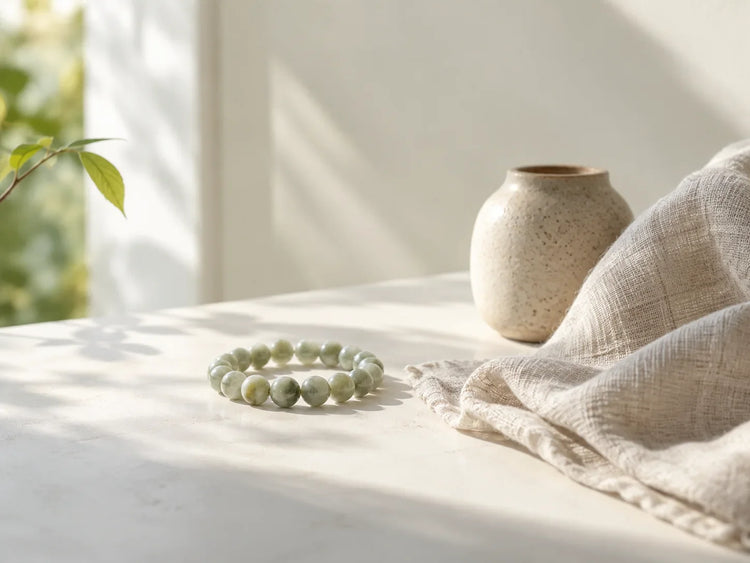 Green stone jewelry and a new leaf on bone-white linen