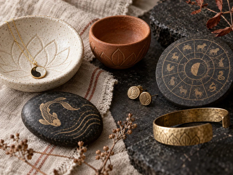 Artisan objects with a flowing koi motif