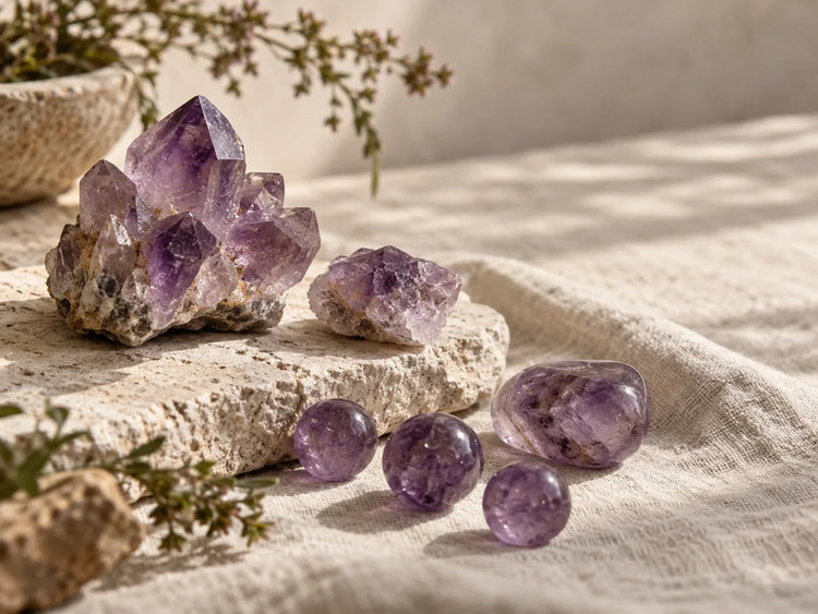Violet amethyst crystals and jewelry details