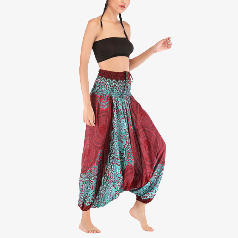 Two Style Wear Round Geometric Pattern Loose Smocked Harem Trousers Jumpsuit High Waist Women's Yoga Pants