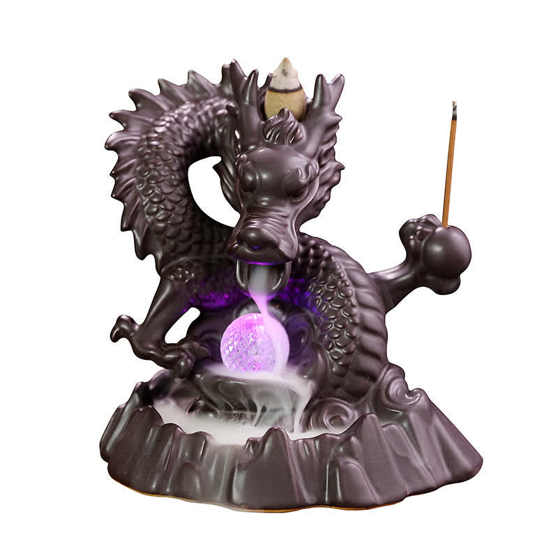 Auspicious Dragon Ceramic Backflow Smoke Fountain Meditation Incense Burner Led Ball Decoration
