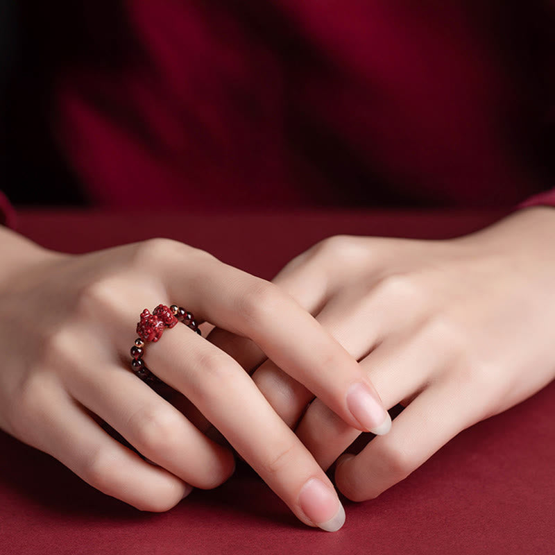 Garnet Cinnabar Lucky Bead PiXiu Om Mani Padme Hum Rose Protection Ring