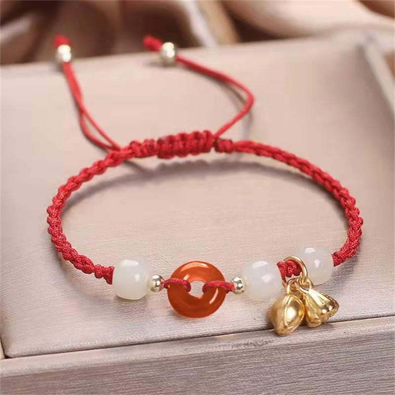 Red Agate Peace Buckle Jade Lotus Braided Bracelet