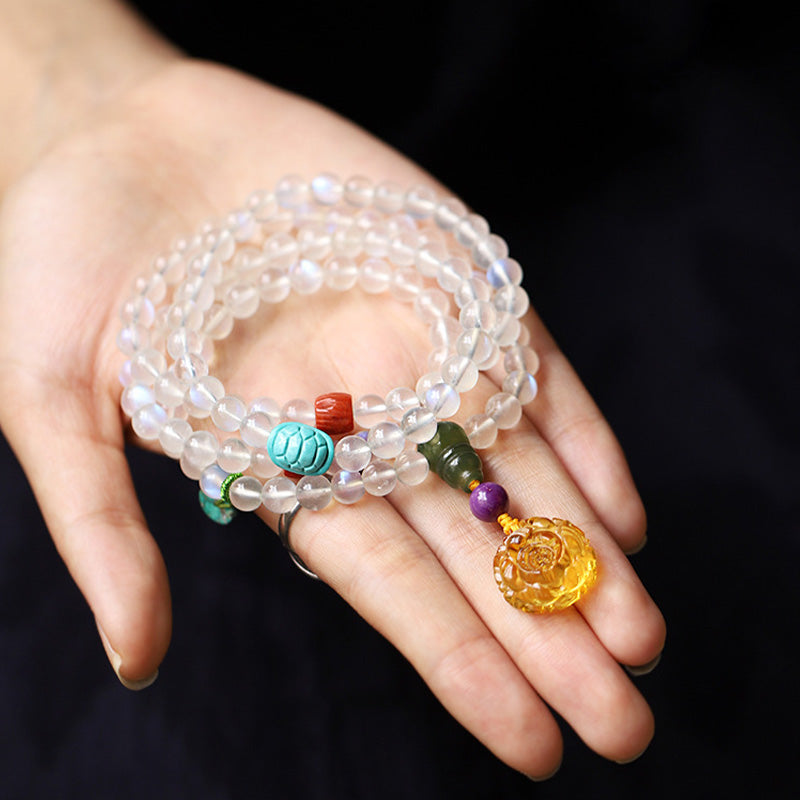 108 Mala Beads Moonstone Amber Lotus Turquoise Crystal Bracelet