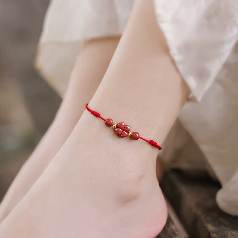 Four Leaf Clover Cinnabar Blessing Calm String Bracelet Anklet