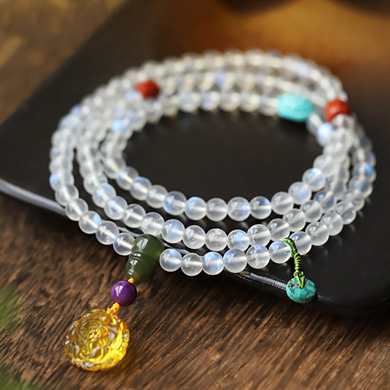 108 Mala Beads Moonstone Amber Lotus Turquoise Crystal Bracelet