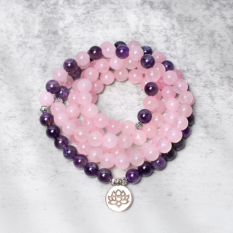 Natural Rose Quartz & Amethyst Mala Bead Lotus Pendant Bracelet
