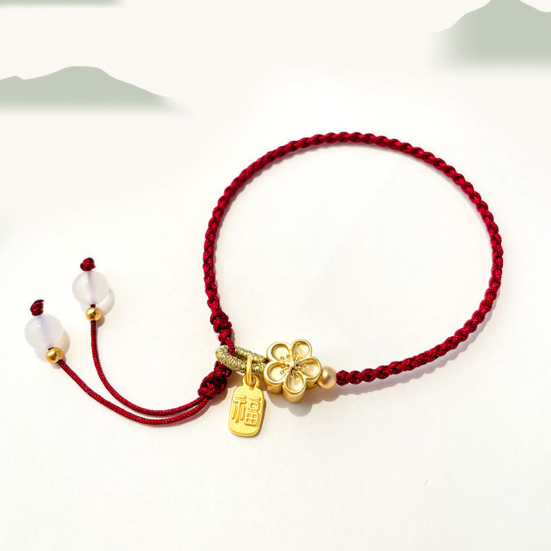 Handmade Peach Blossom Rosette Bow Knot Fu Character Charm Luck Fortune Red Rope Bracelet
