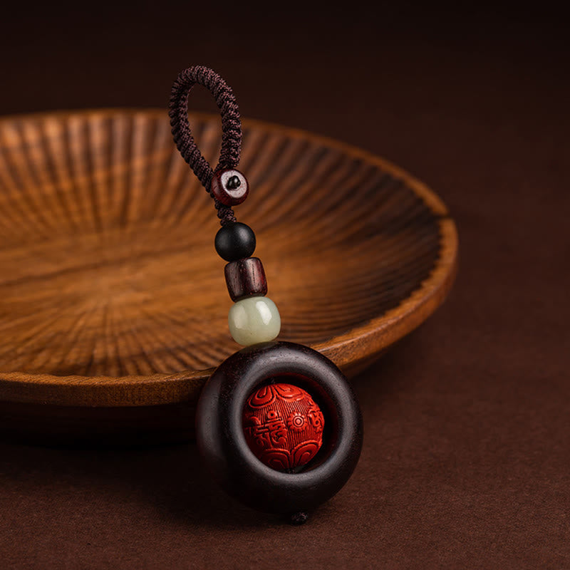 Tibet Om Mani Padme Hum PiXiu Copper Coin Small Leaf Red Sandalwood Cinnabar Protection Key Chain