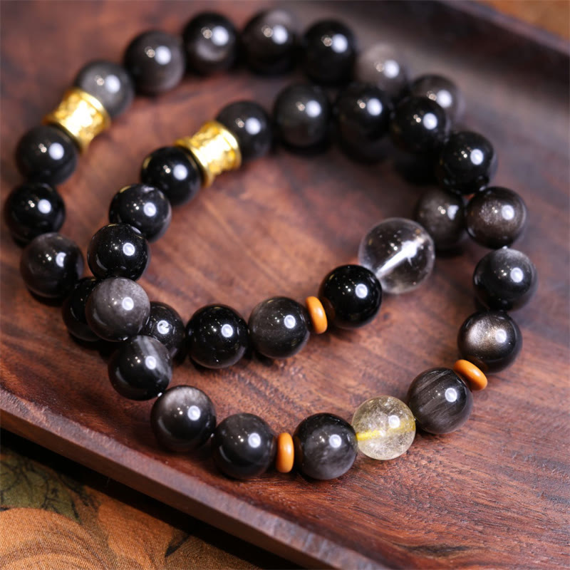 Natural Silver Sheen Obsidian Crystal Om Mani Padme Hum Bead Protection Bracelet