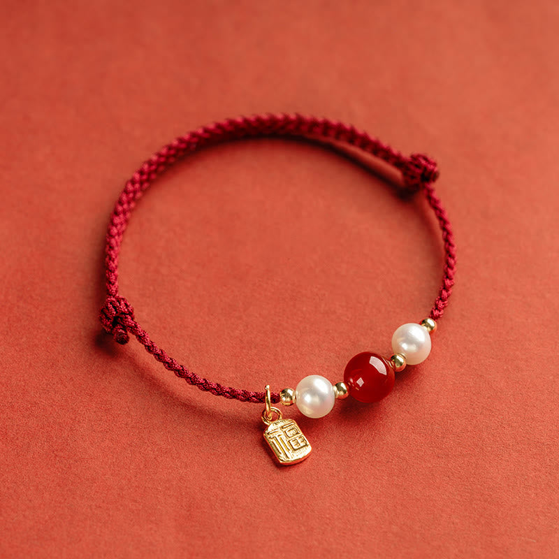 925 Sterling Silver Good Fortune Fu Character Agate Pearl Red String Braid Bracelet