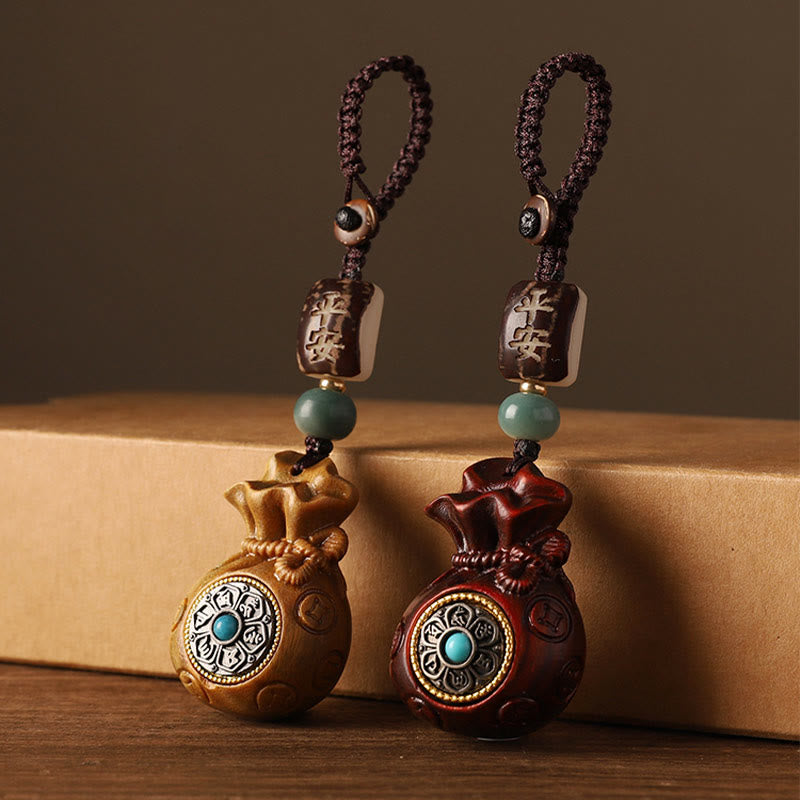 Small Leaf Red Sandalwood Green Sandalwood Money Bag Om Mani Padme Hum Rotatable Protection Keychain Phone Hanging Decoration
