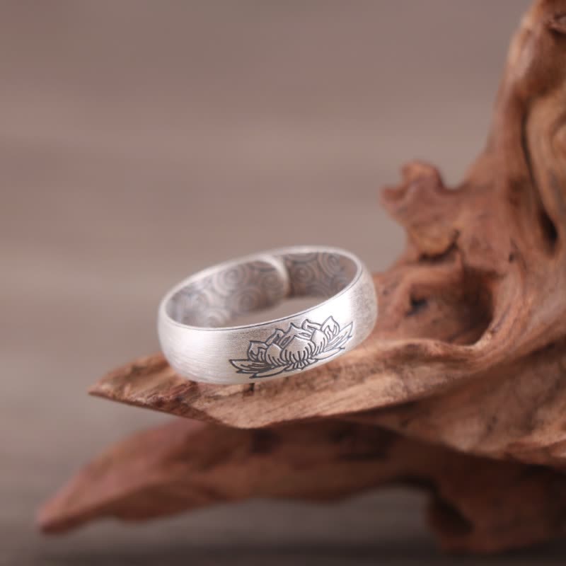 999 Sterling Silver Lotus Elephant Six True Words Blessing Ring