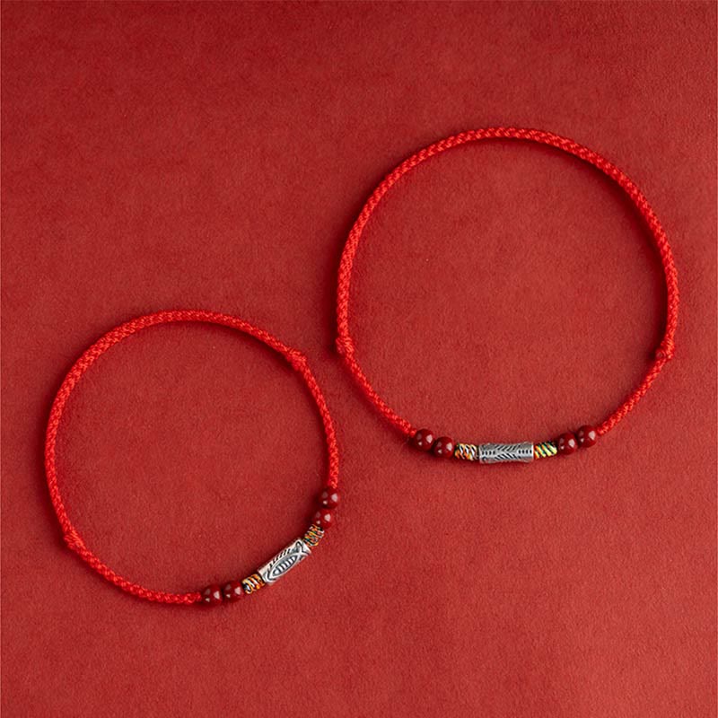 925 Sterling Silver Koi Fish Cinnabar Bead Wealth Handcrafted Braided Bracelet Anklet