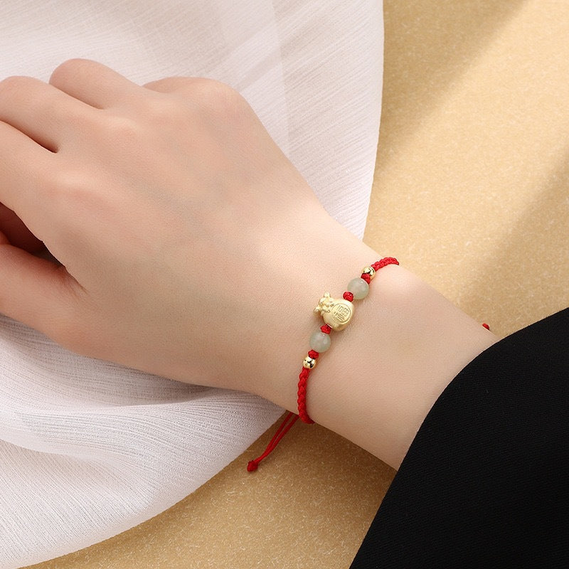 Lucky Money Bag Fu Character Jade Bead Luck Braided Bracelet