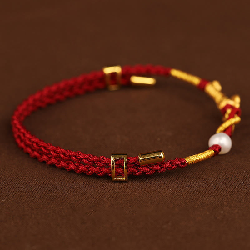 24K Gold Wish Ruyi Handle Fu Character Rabbit Pearl Luck Braided Bracelet