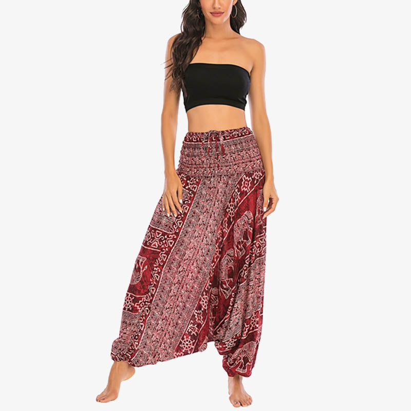 Two Style Wear Elephant Pattern Loose Smocked Harem Trousers Jumpsuit Women's Yoga Pants