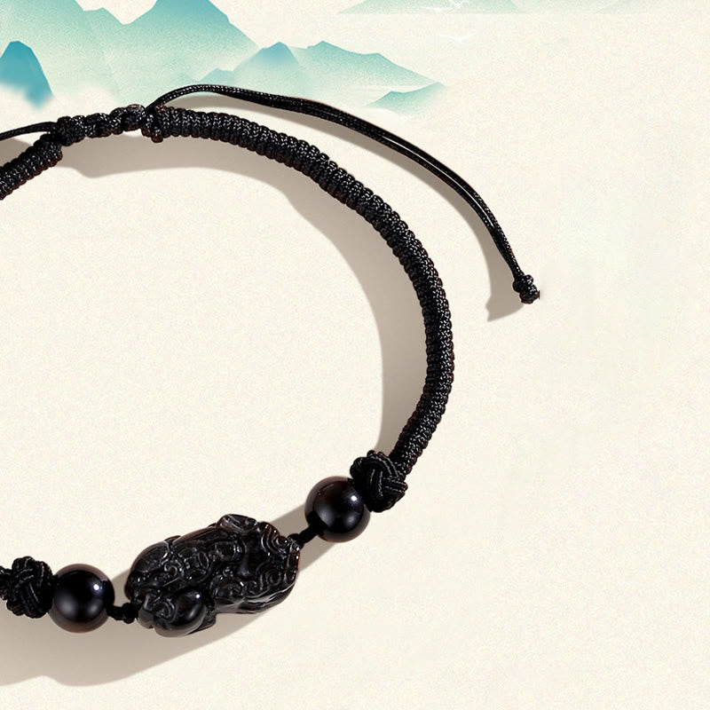 Handmade Natural Silver Sheen Obsidian Strawberry Quartz PiXiu Protection Braided Bracelet