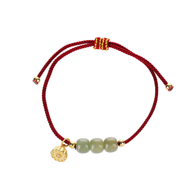 Handmade Hetian Jade Bead Lotus Pod Prosperity Luck Braided Bracelet