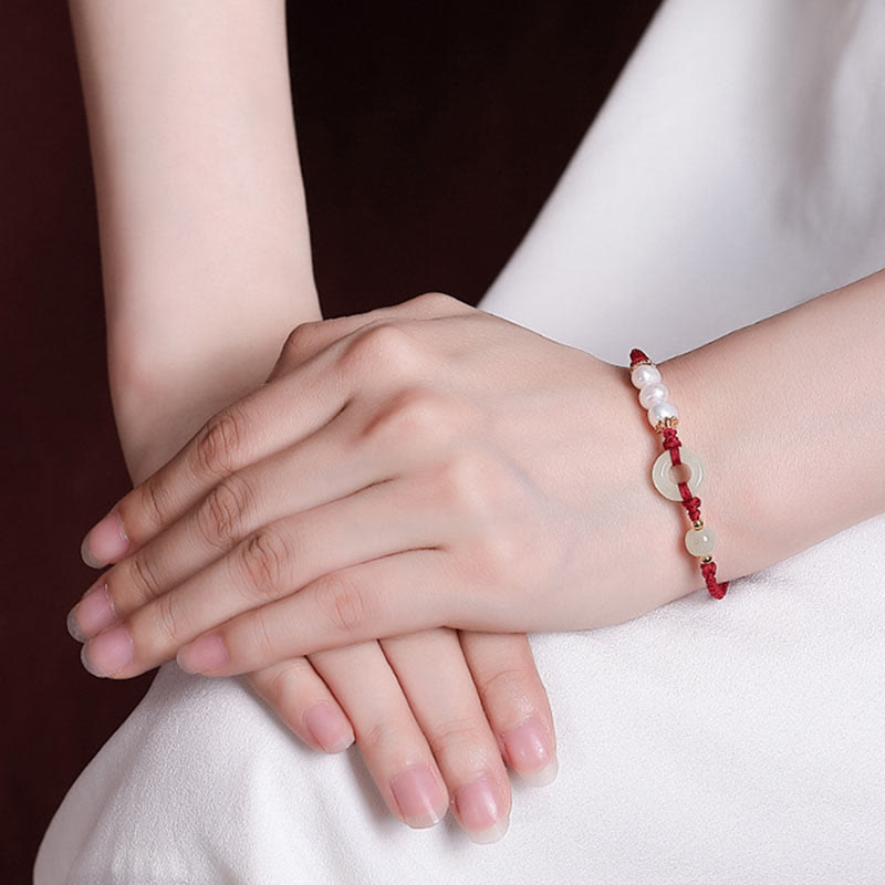 925 Sterling Silver Plated Gold Hetian Jade Peace Buckle Pearl Luck Bracelet