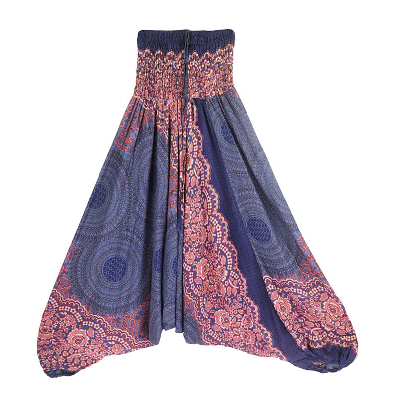 Two Style Wear Round Geometric Pattern Loose Smocked Harem Trousers Jumpsuit High Waist Women's Yoga Pants