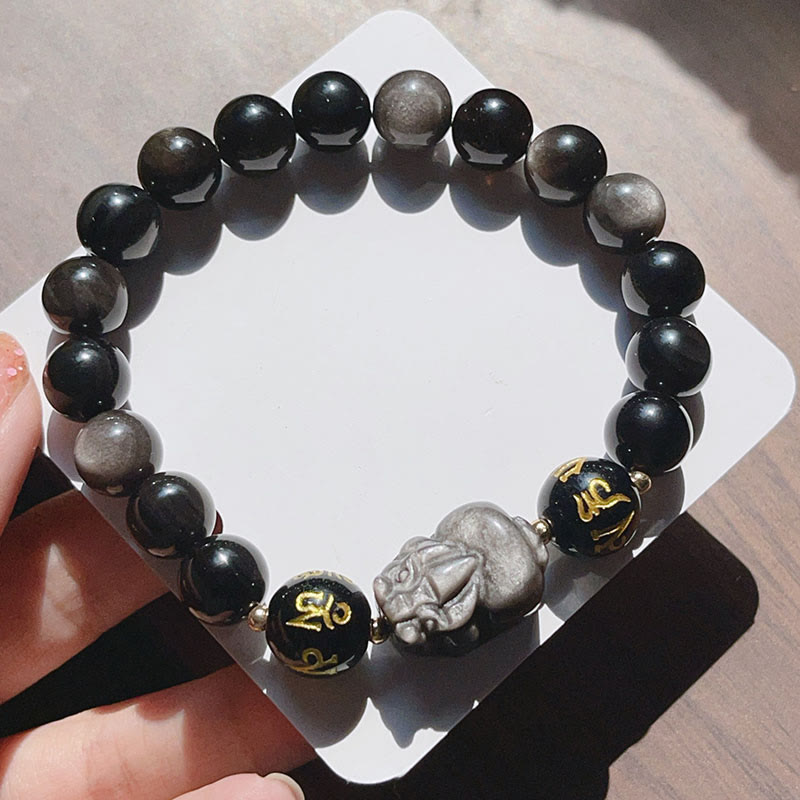 Natural Silver Sheen Obsidian Black Obsidian Om Mani Padme Hum Pixiu Protection Bracelet